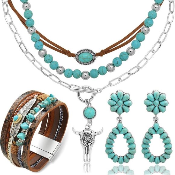 Jewelry - Western Boho Jewelry Set Women Turquoise Earrings Necklace Bracelet Cowgirl